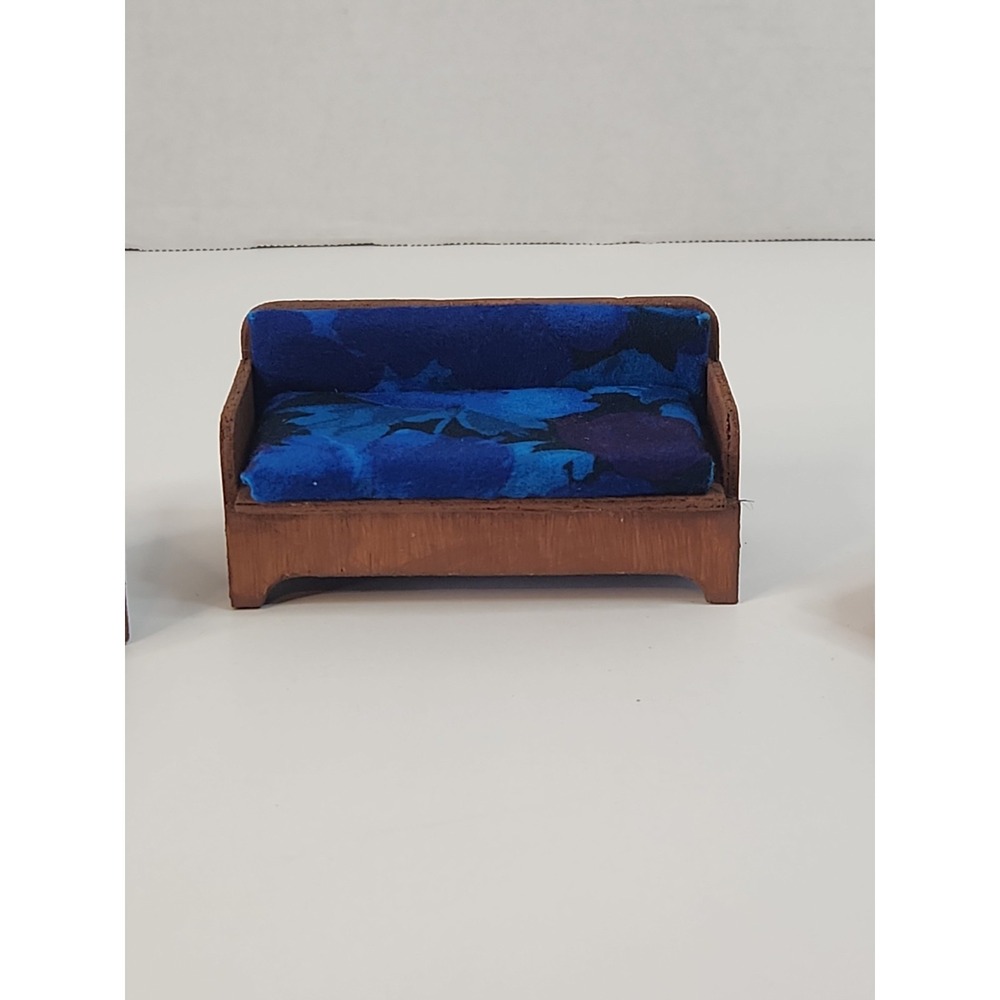 Vintage Dollhouse Miniature Wood Sofa 2 Chairs Living Room Set Sturdy Handmade - Picture 2 of 14